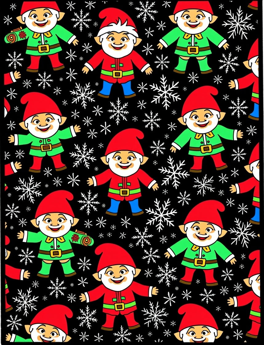 Festive Christmas Gnomes Snowflakes Black Rug