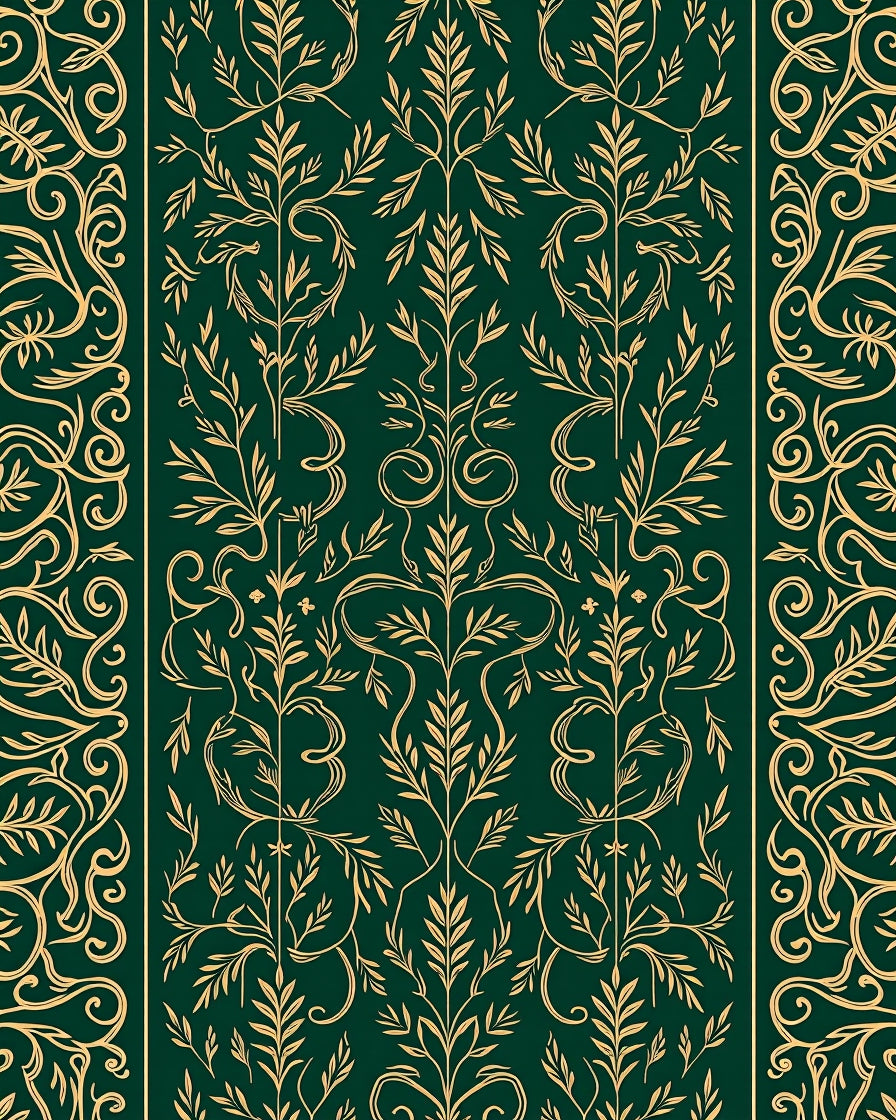 Rich Green Gold Floral Vine Pattern Rug