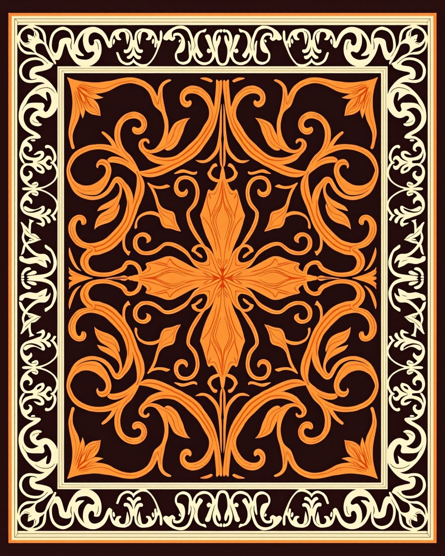 Orange Floral Scrollwork Pattern Rug