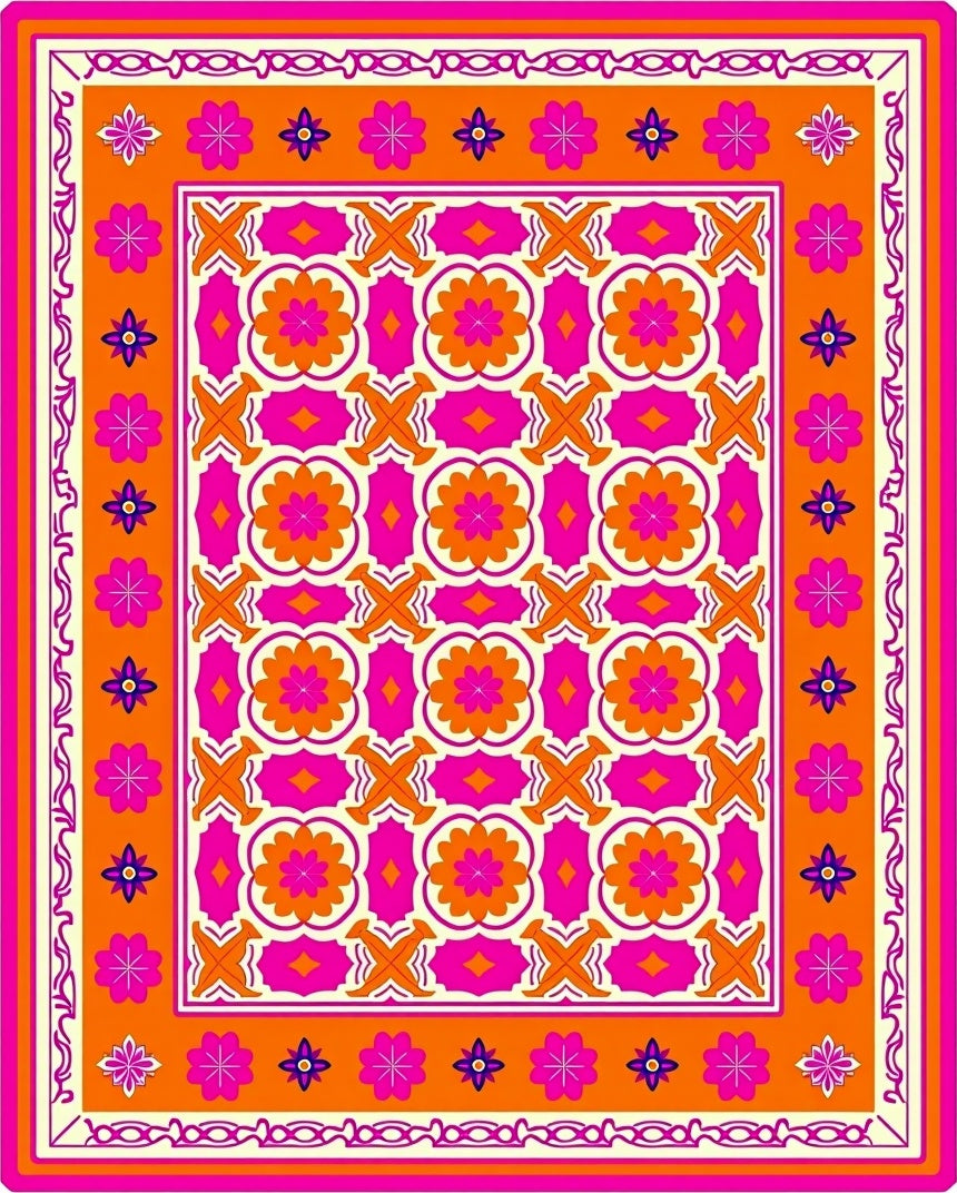 Vibrant Orange Pink Floral Geometric Rug