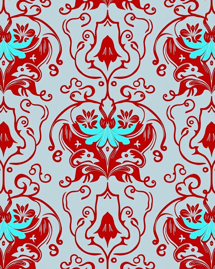 Red Blue Floral Damask Pattern Rug