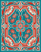 Red Teal Cream Floral Ornate Rug