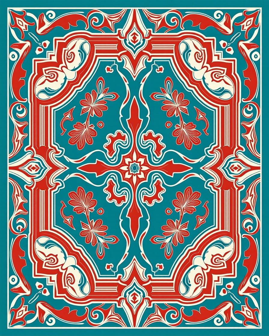 Red Teal Cream Floral Ornate Rug
