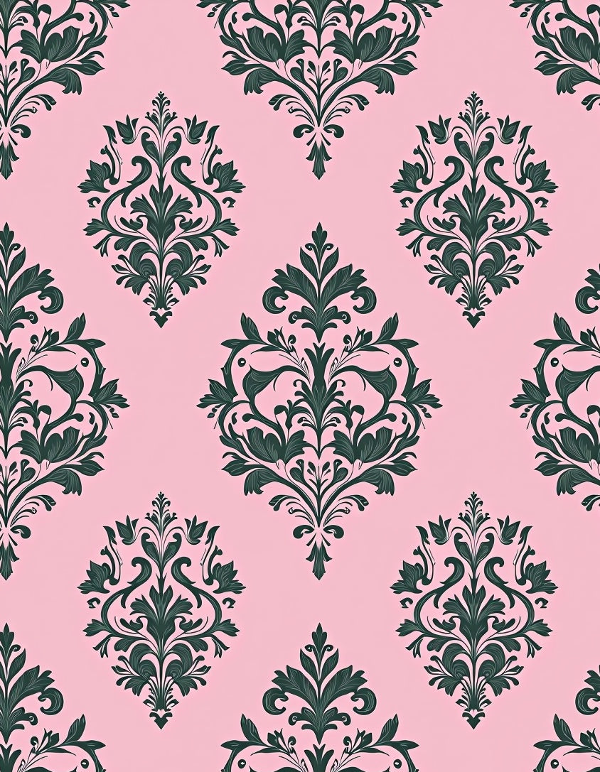 Pink Green Damask Floral Pattern Rug