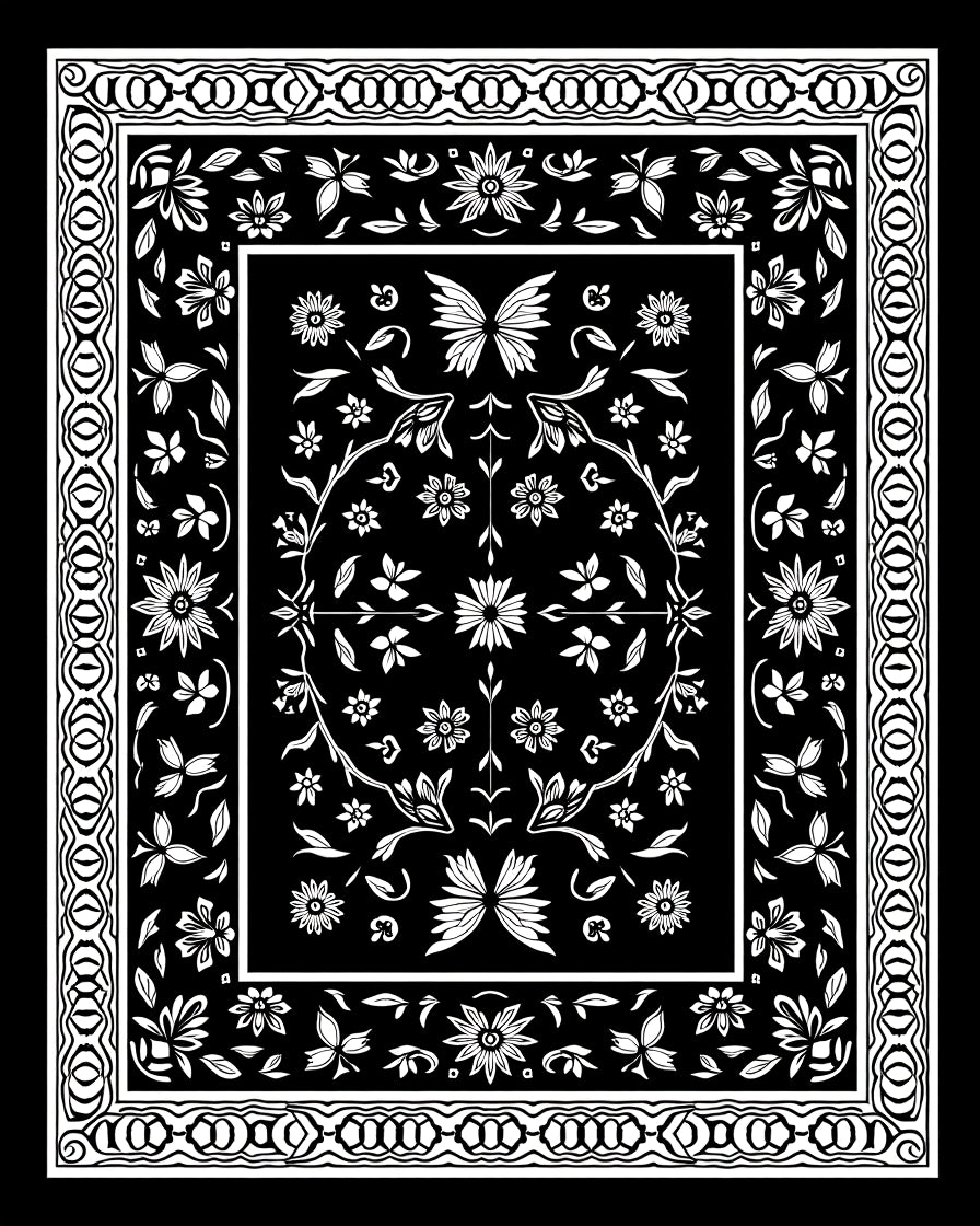 Black White Floral Butterfly Border Rug