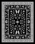 Black White Floral Butterfly Border Rug
