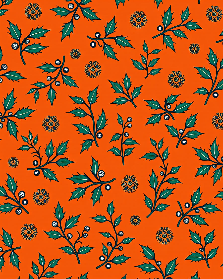 Green Holly Branches Ornate Floral Pattern Rug