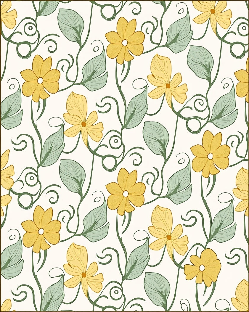 Golden Yellow Floral Vine Pattern Rug