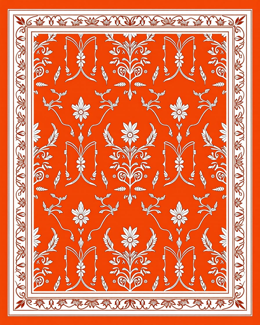 Classic Orange Floral Motif Pattern Rug