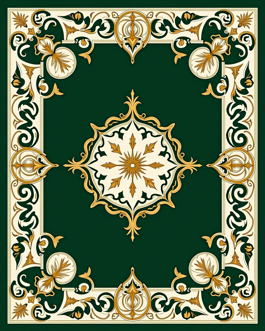 Ornate Gold Floral Green Cream Rug