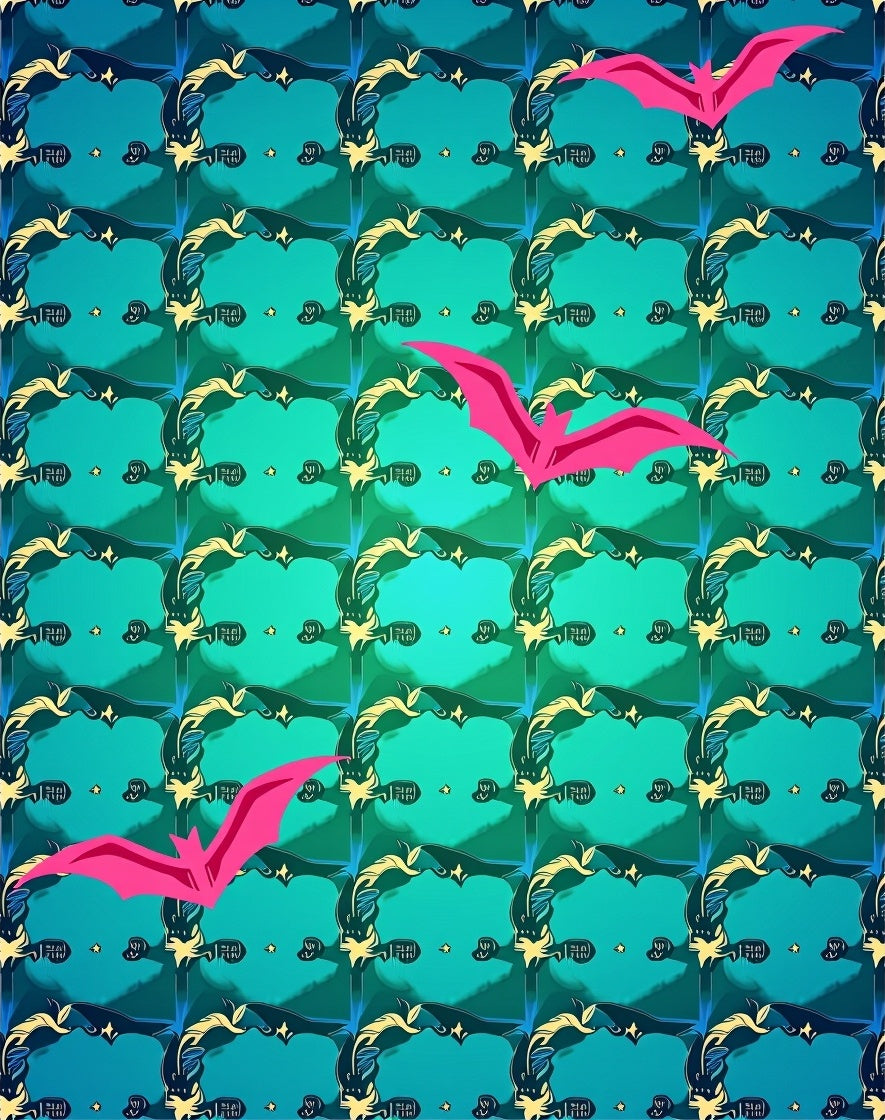 Pink Bat With Teal Geometric Pattern Rug
