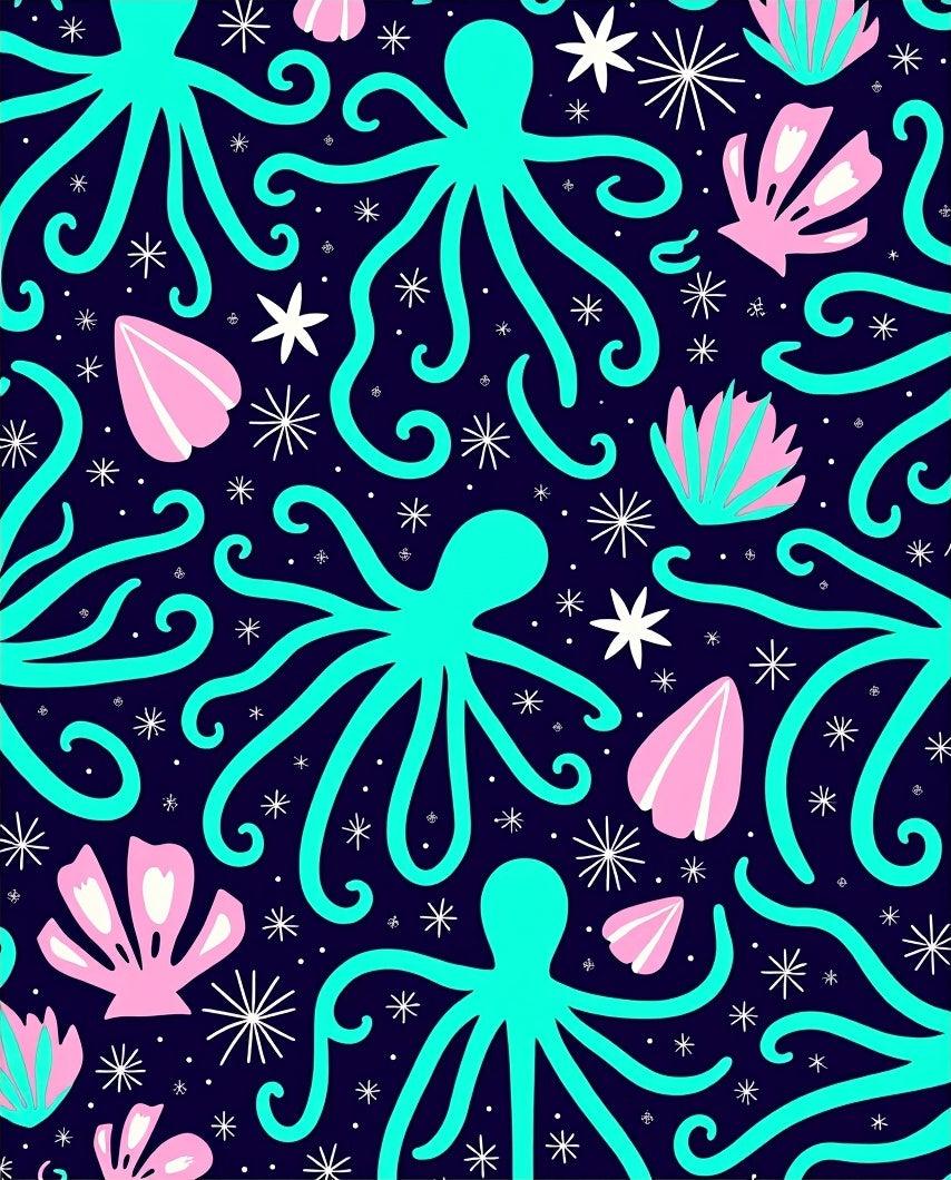 Aqua Octopus and Shell Pattern Rug