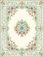 Green Floral Bordered Cream Rug