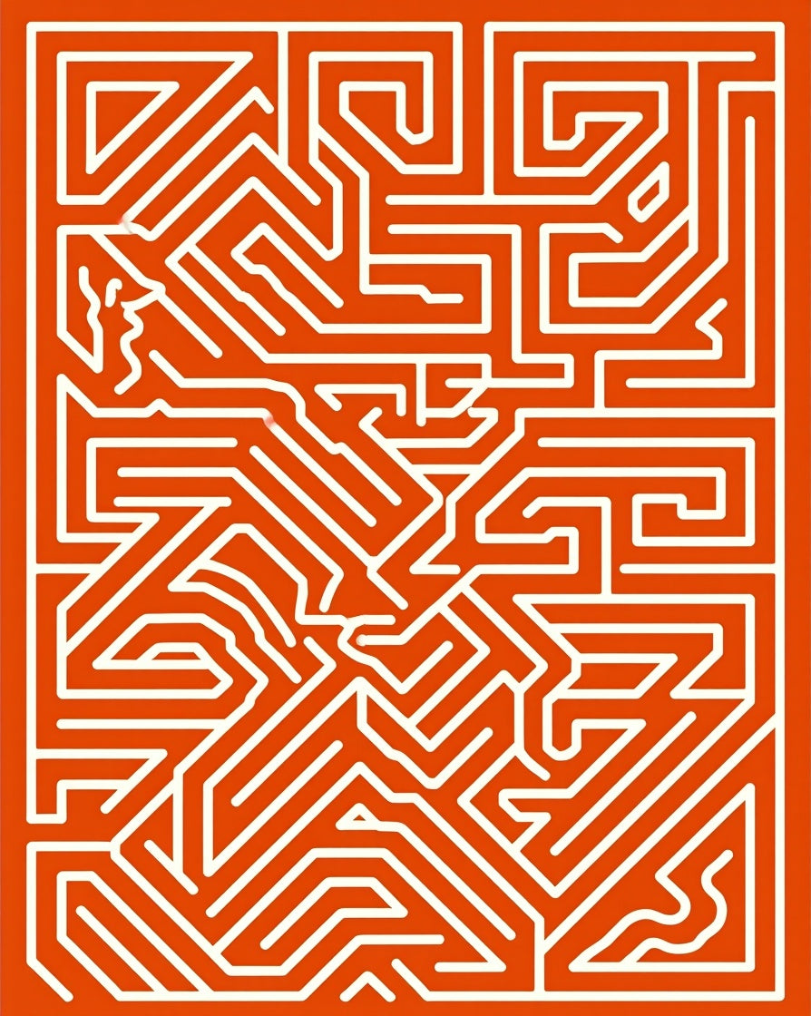 Modern Orange Abstract Maze Design Rug