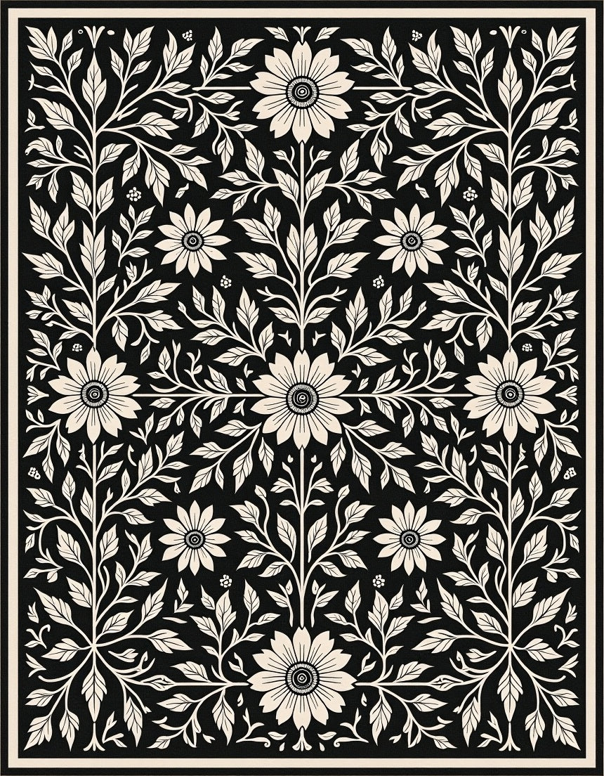 Black Floral Botanical Pattern Design Rug