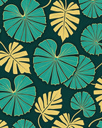 Teal Golden Tropical Leaf Arrangement Rug