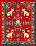 Red Floral Cat Patterned Design Rug