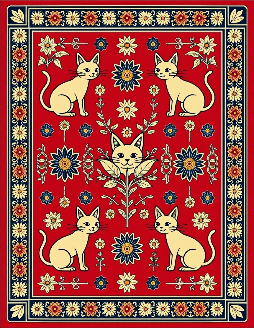 Red Floral Cat Patterned Design Rug