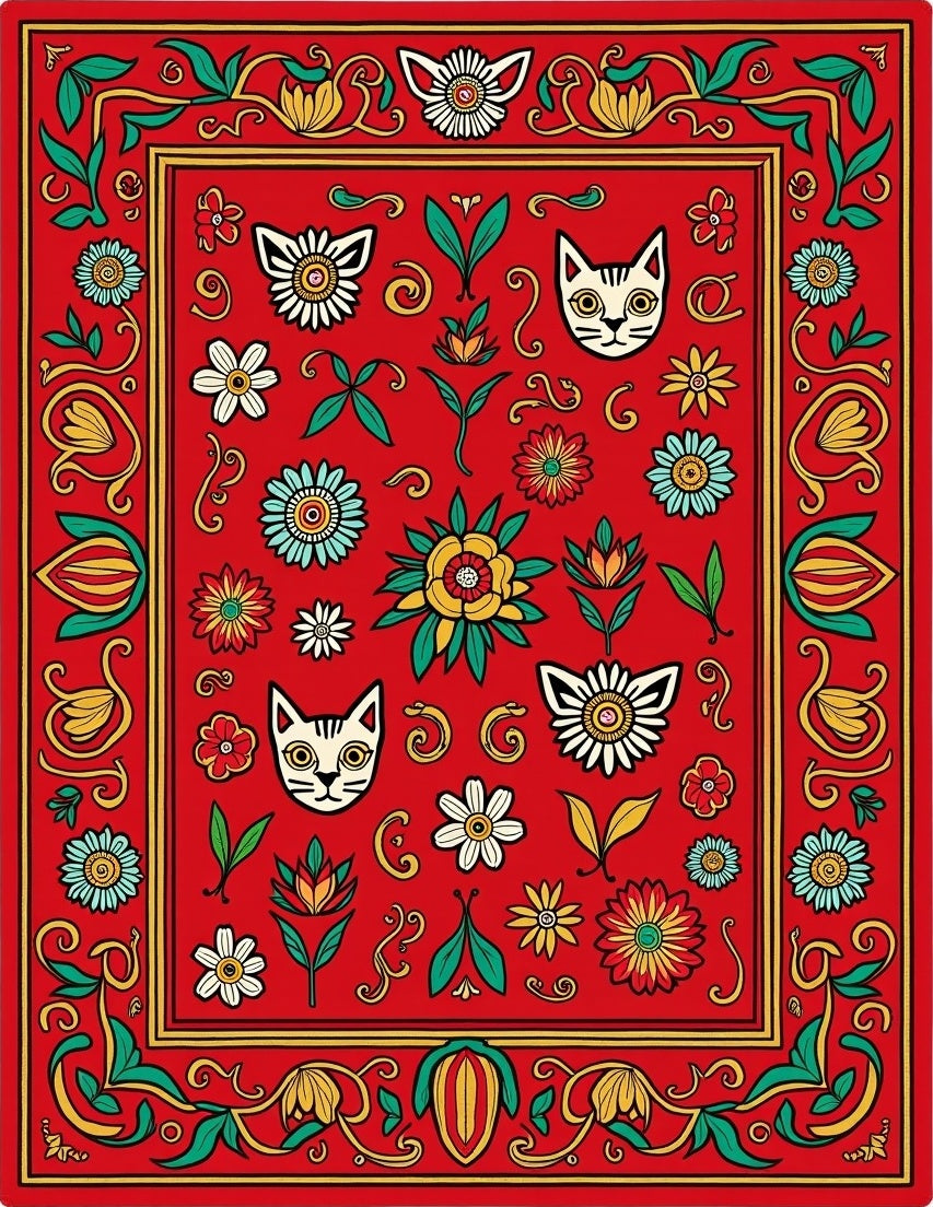 Playful Cat Floral Border Design Rug