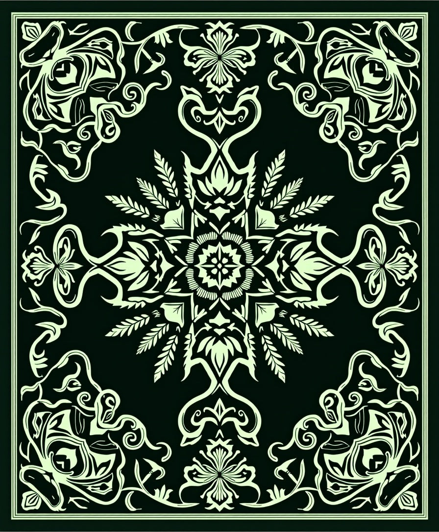 Antique Black Floral Scroll Medallion Rug