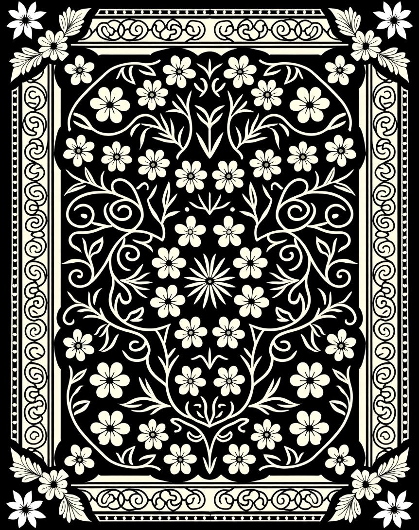Ornate Floral Vine Black Cream Rug