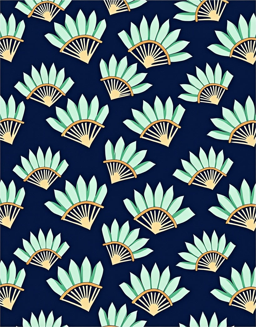 Mint Fan Pattern Navy Rug