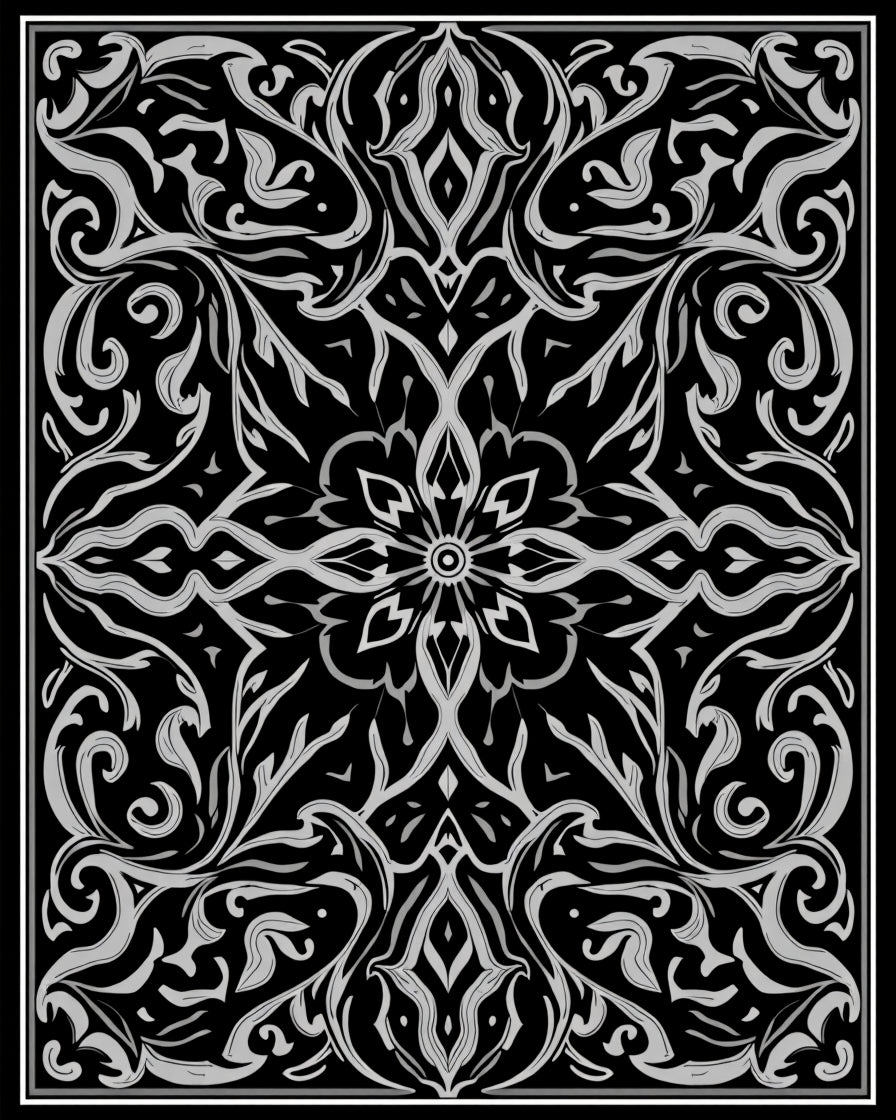 Intricate Black Grey Floral Symmetry Rug