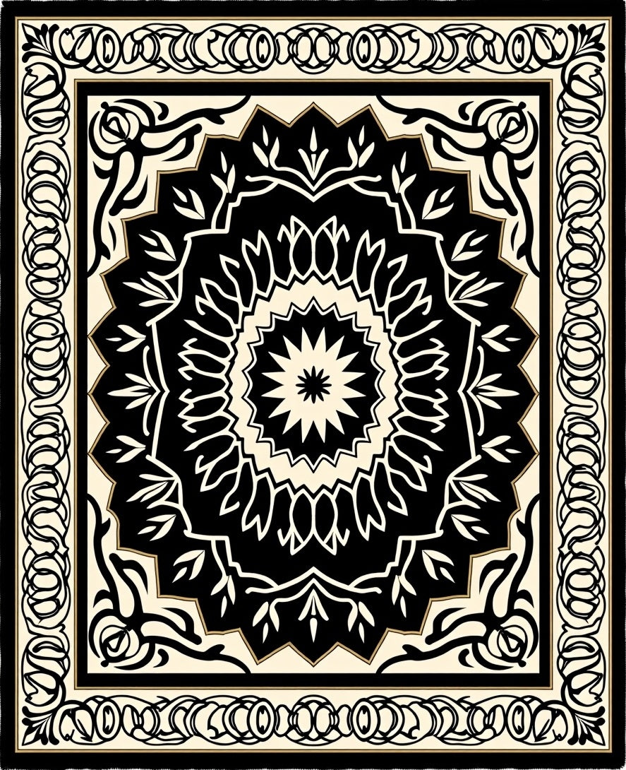 Intricate Black White Mandala Pattern Rug