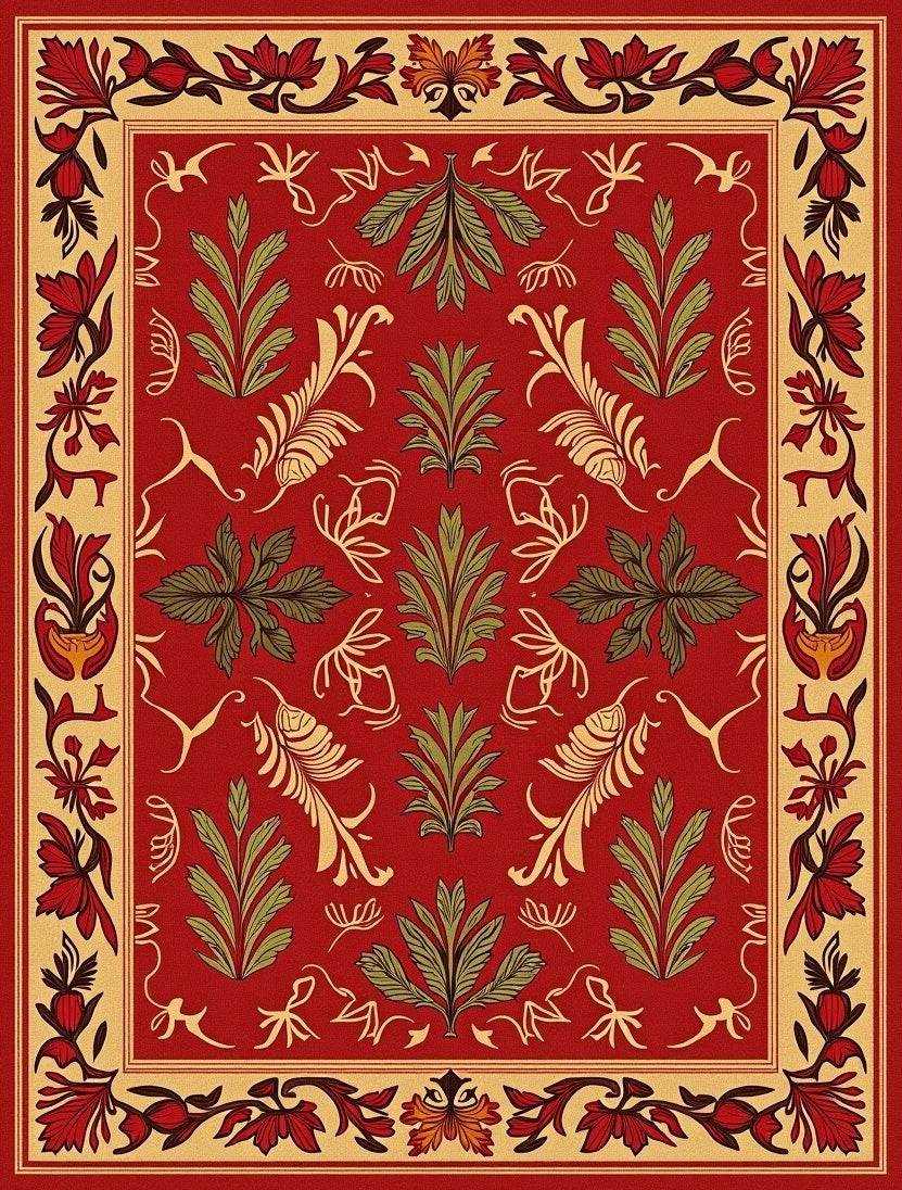 Ornate Red Floral Scrollwork Design Rug