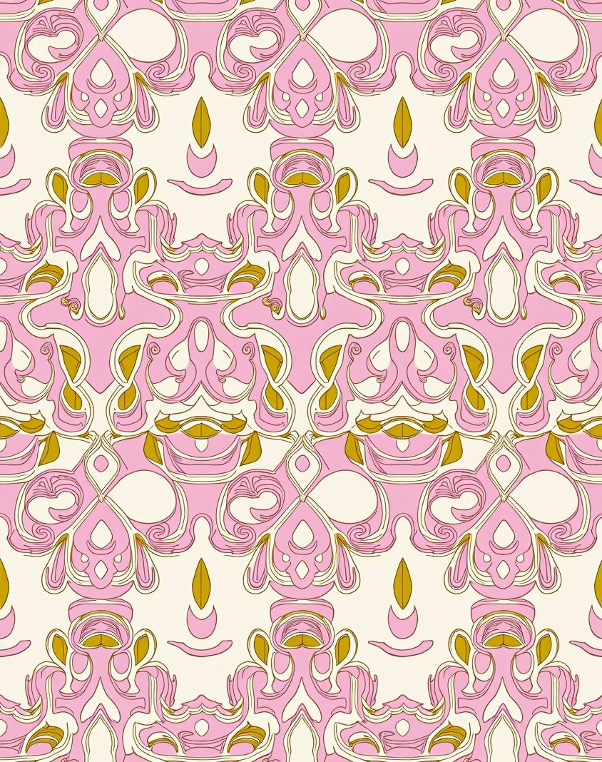 Pink Gold Ornate Scroll Pattern Rug