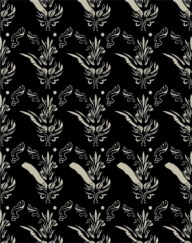 Vintage Black Beige Damask Pattern Rug