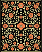 Coral Orange Floral Black Garden Rug