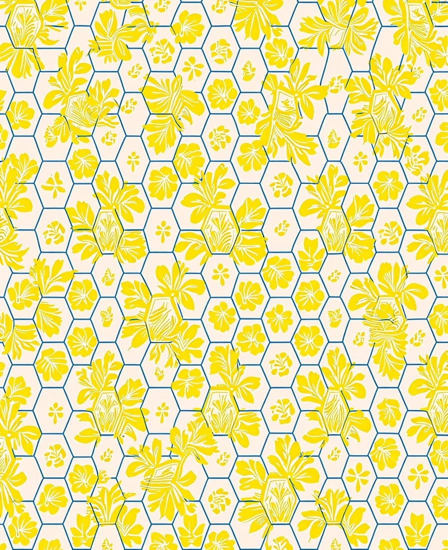 Yellow Floral Geometric Hexagonal Design Rug