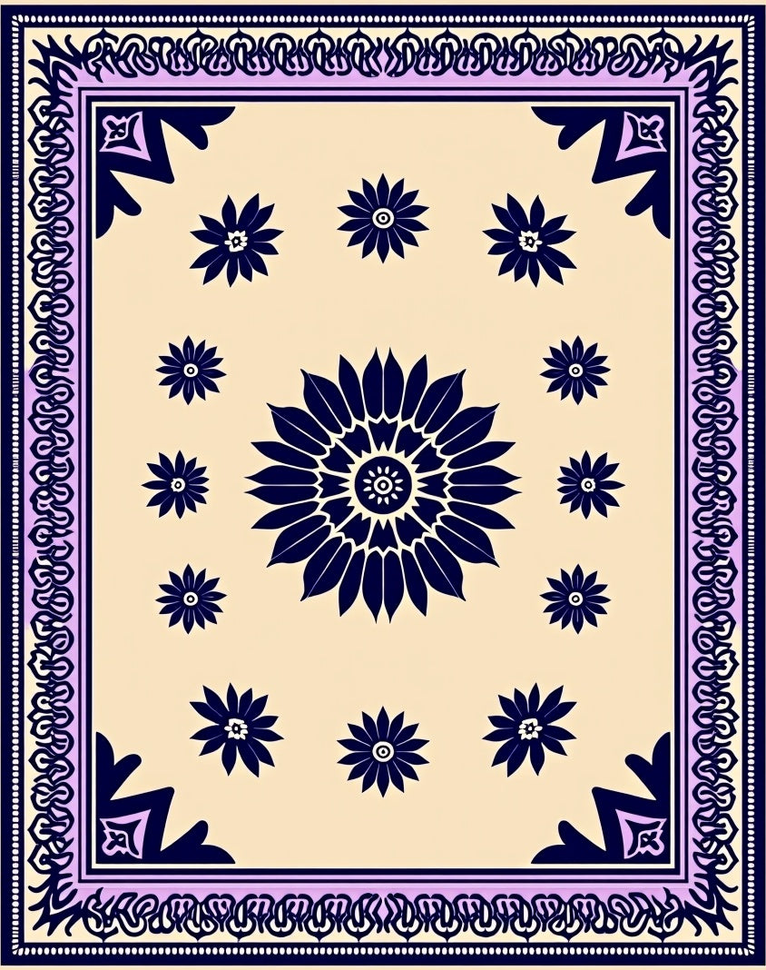 Navy Floral Bordered Ivory Rug