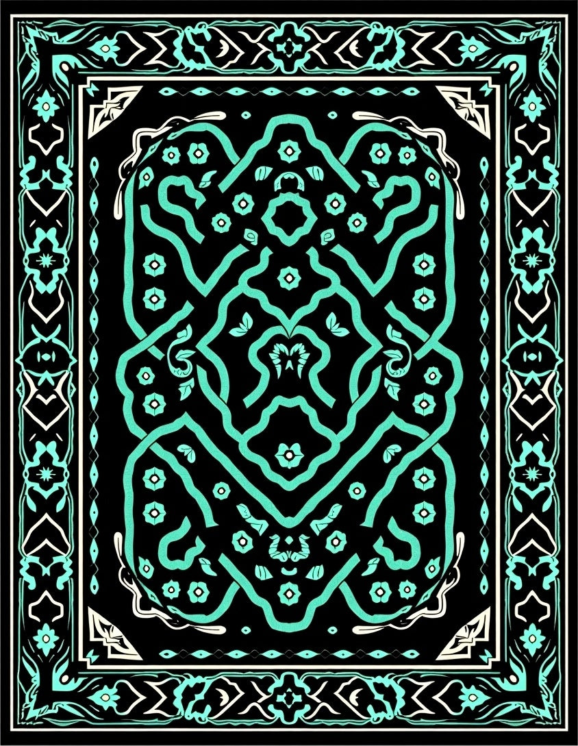 Black Aqua Intricate Floral Border Rug