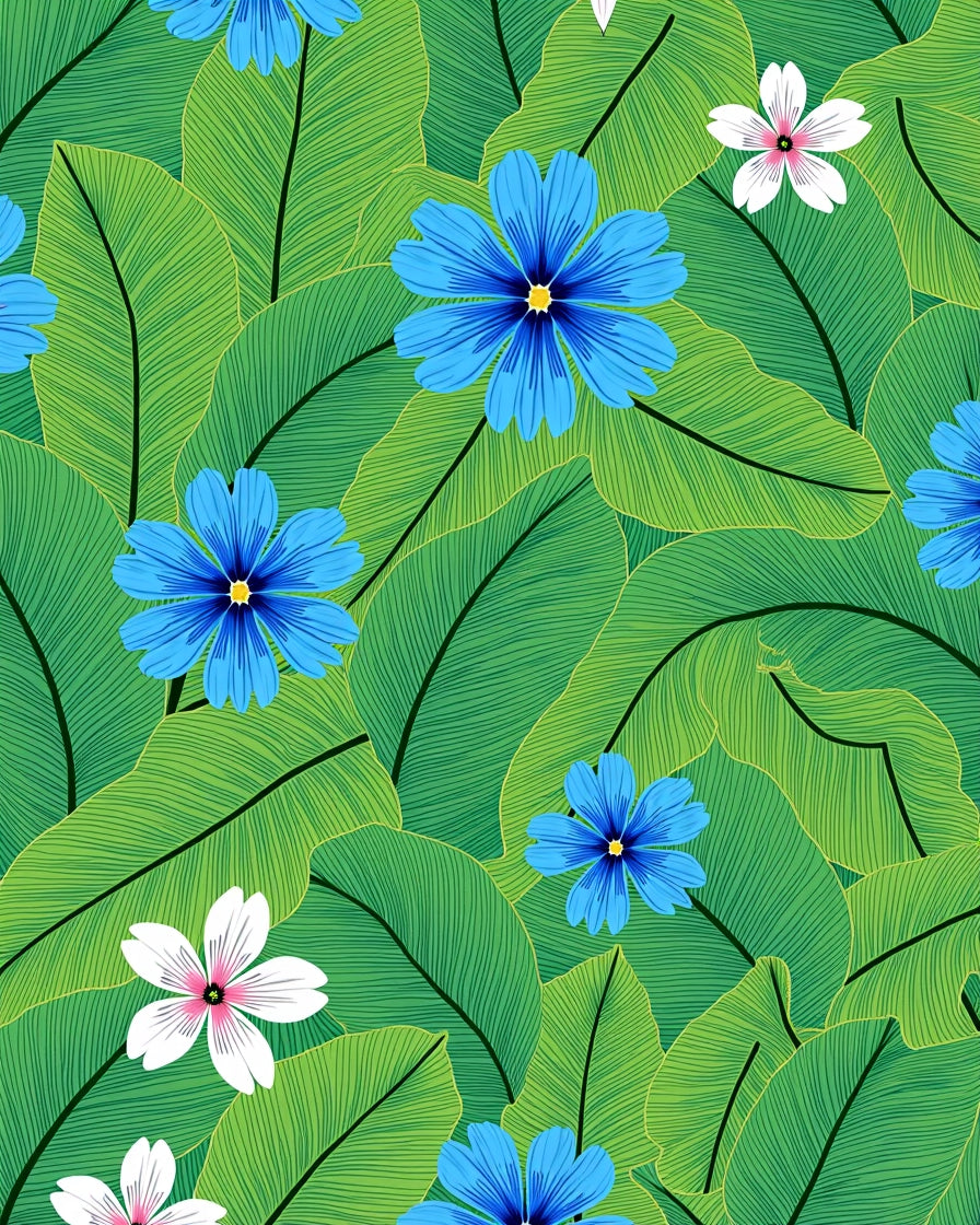 Tropical Green Leaves Blue Flowers Rug