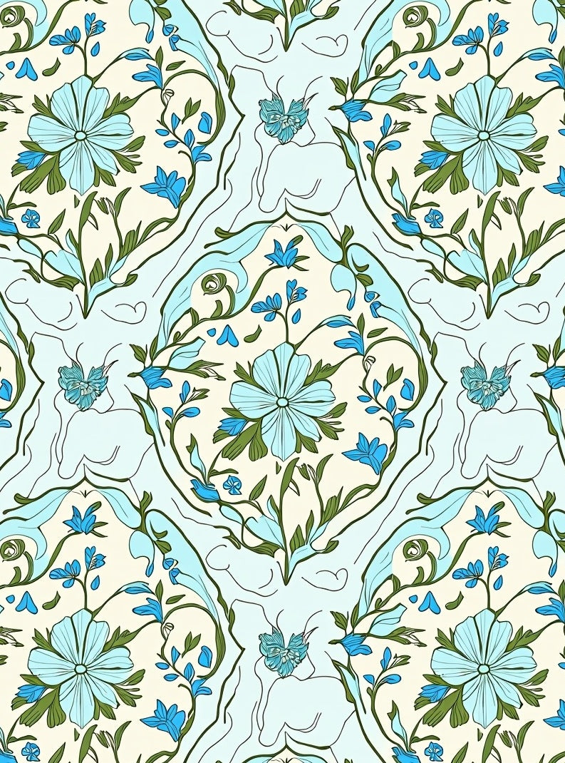 Pastel Blue Floral Vine Pattern Rug