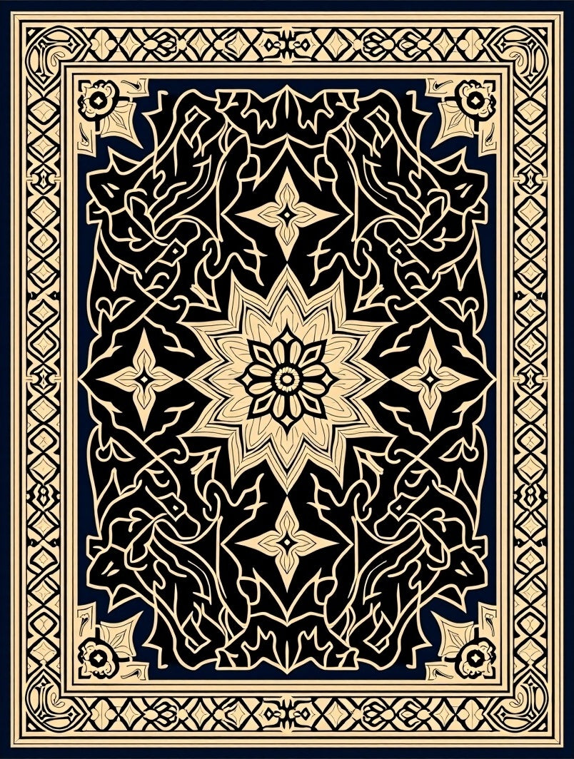 Elaborate Black Gold Floral Medallion Design Rug