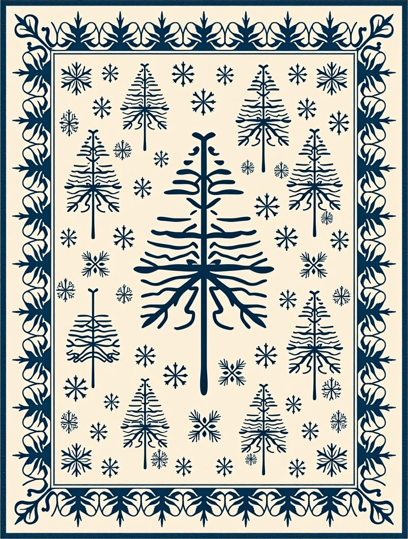 Navy Pine Tree Snowflake Pattern Rug