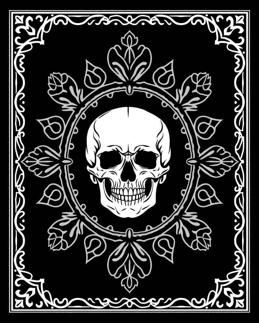Monochromatic Skull Floral Frame Rug