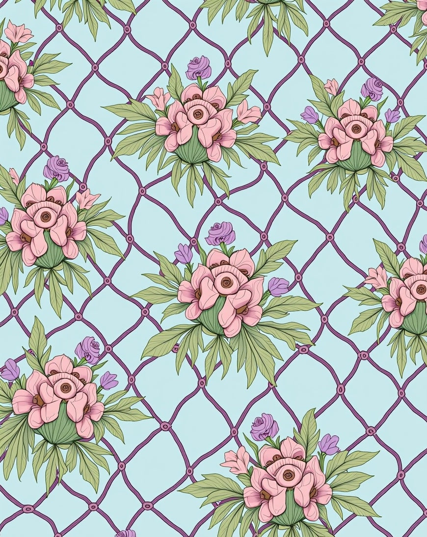Floral Lattice Pattern With Pink Blooms Rug