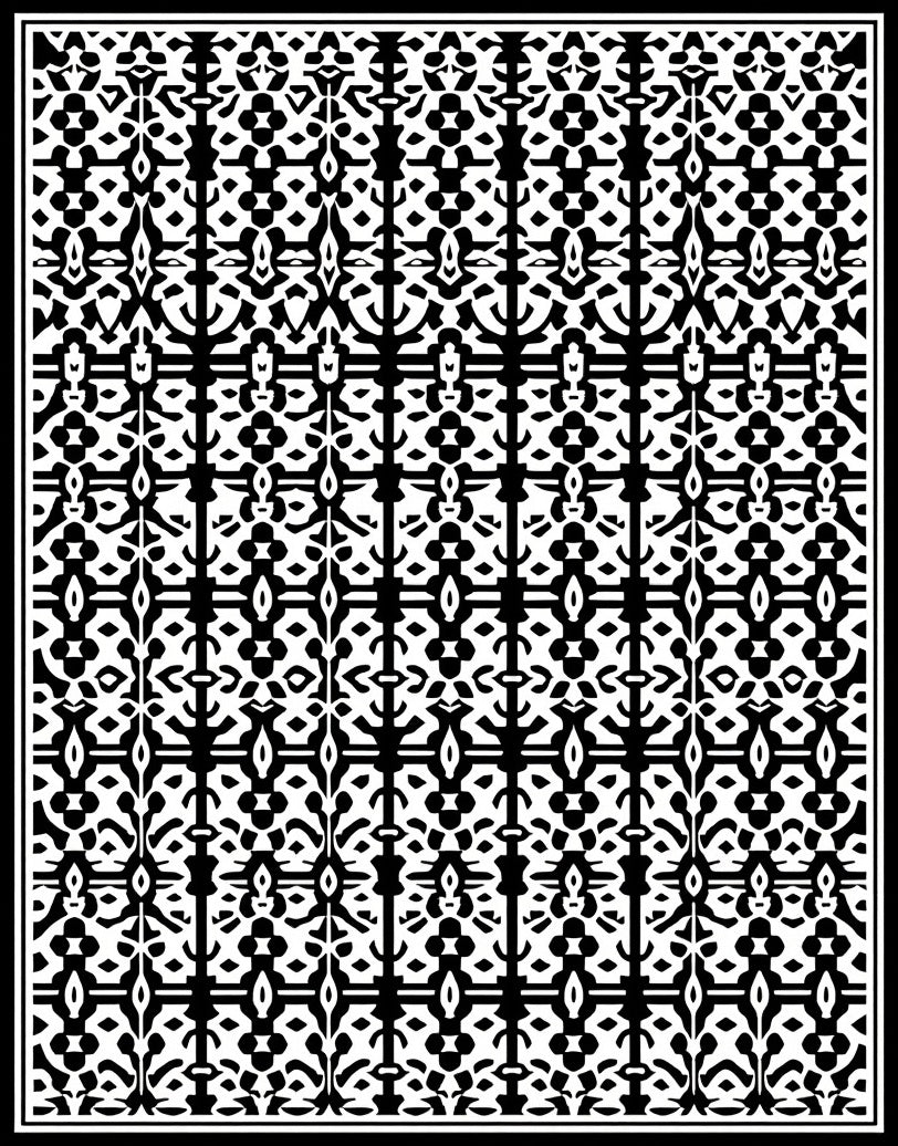 Intricate Geometric Patterned Black and White Rug