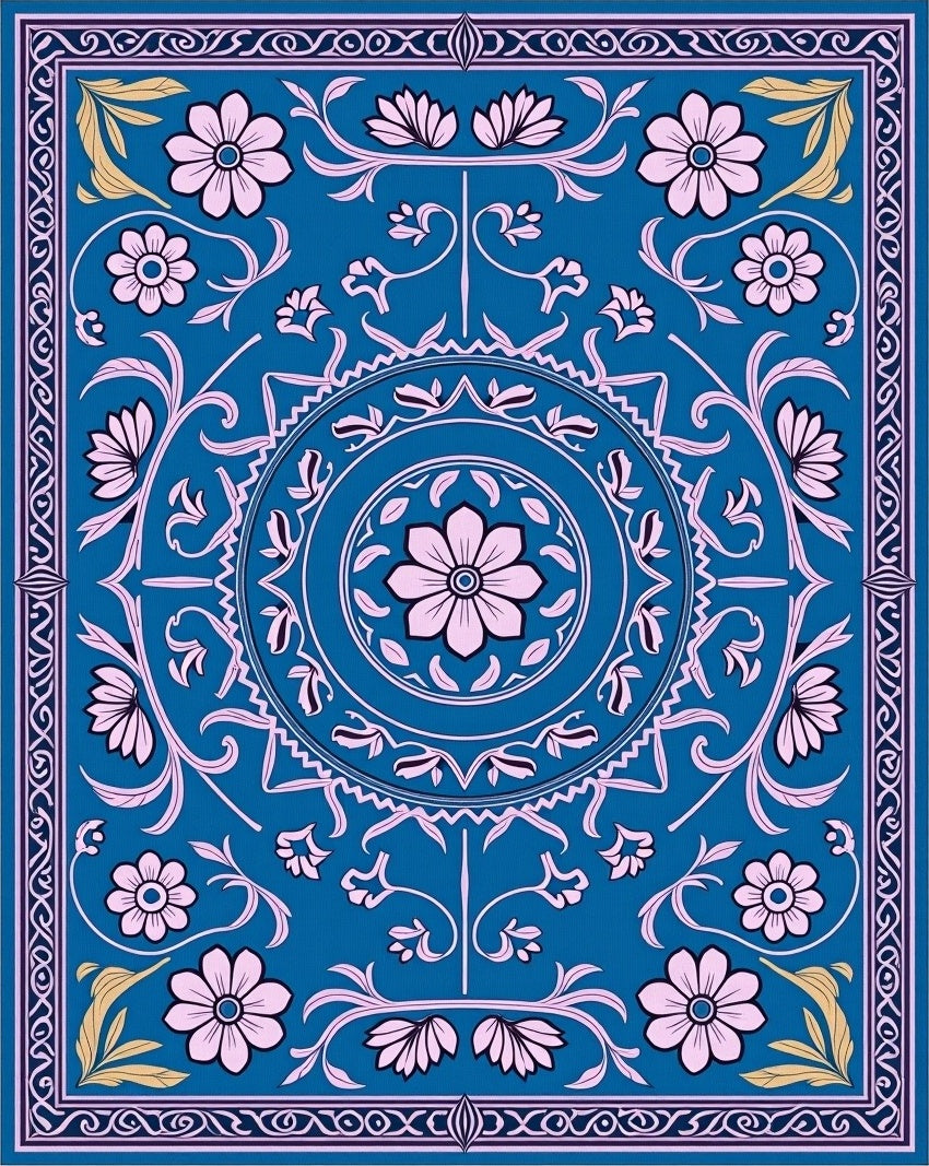 Floral Medallion Patterned Teal Rug