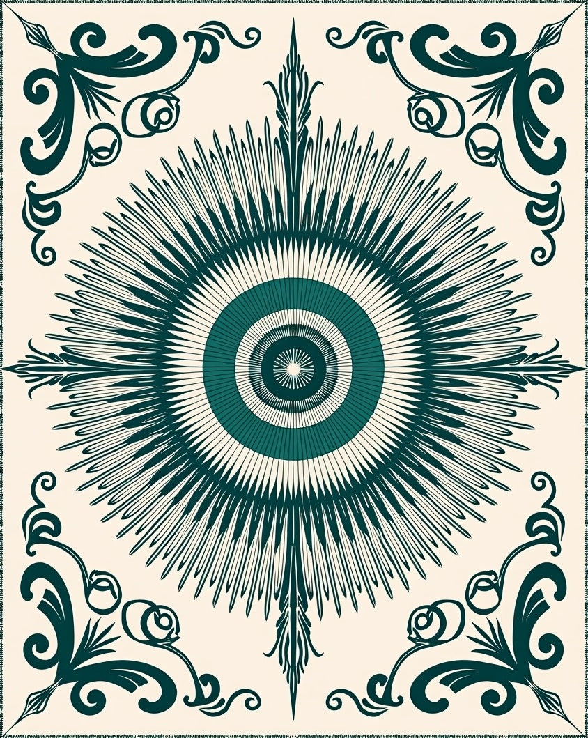 Radiant Sunburst Scrollwork Design Rug