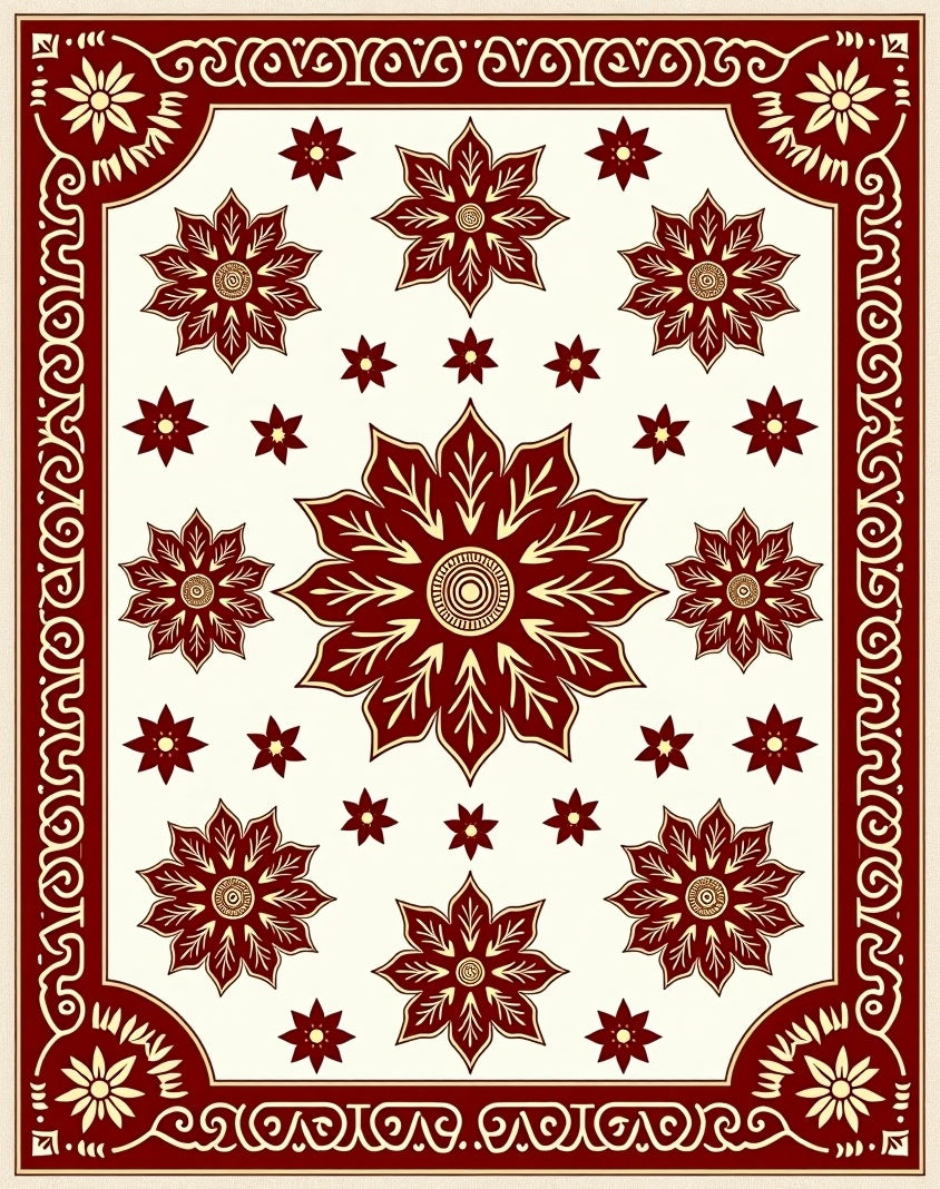 Maroon Floral Center Border Design Rug