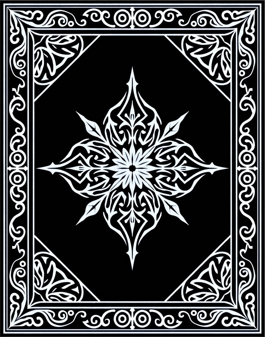 Black White Gothic Floral Star Design Rug