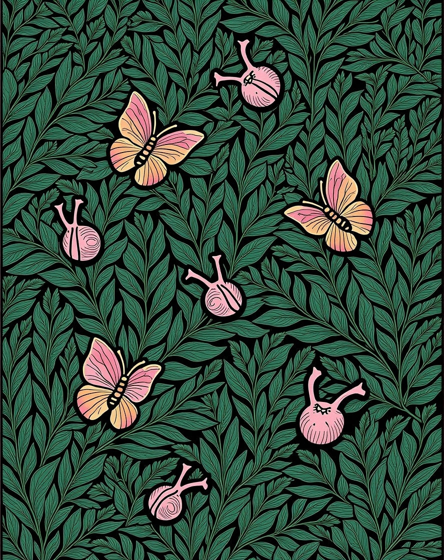 Whimsical Pink Butterfly Green Foliage Rug