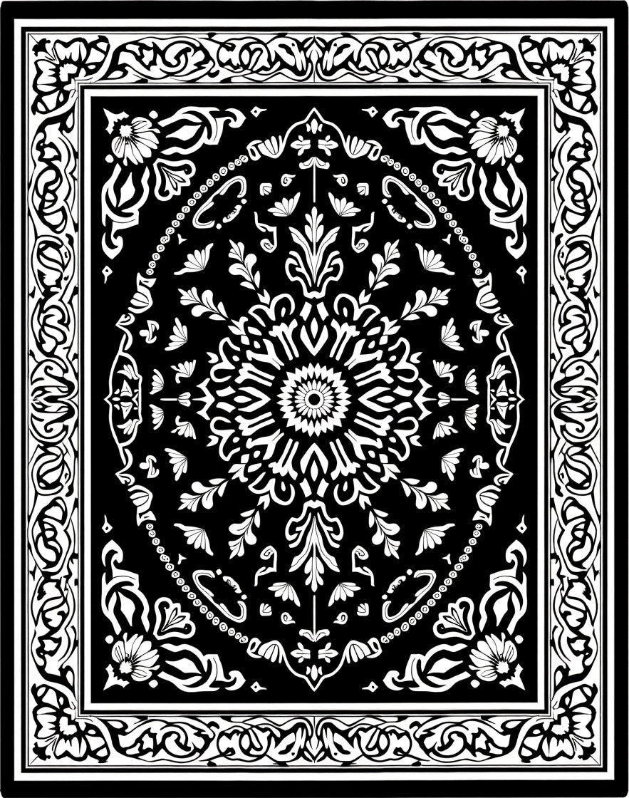 Black White Ornate Floral Mandala Rug
