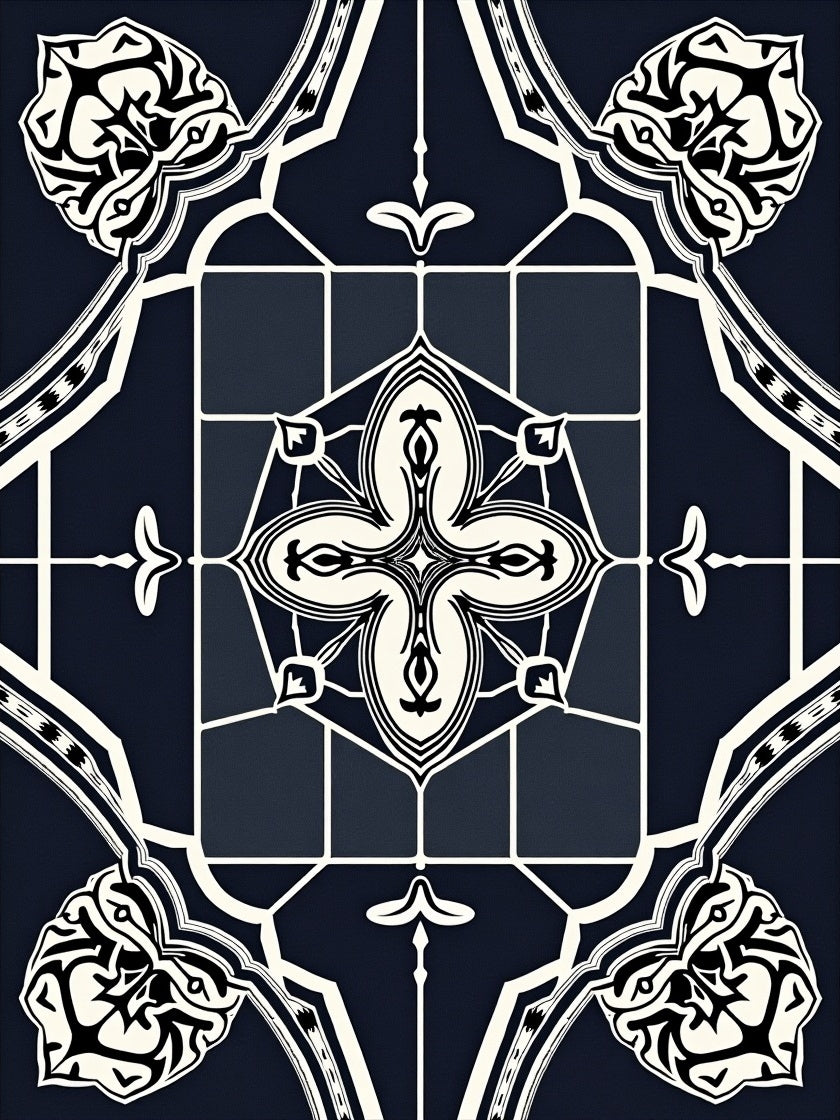 Dark Navy Cream Geometric Floral Medallion Rug