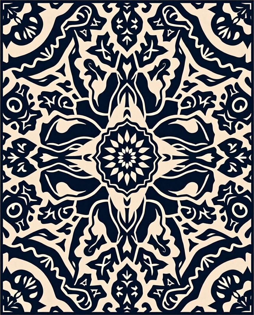 Dark Navy Cream Intricate Floral Pattern Rug